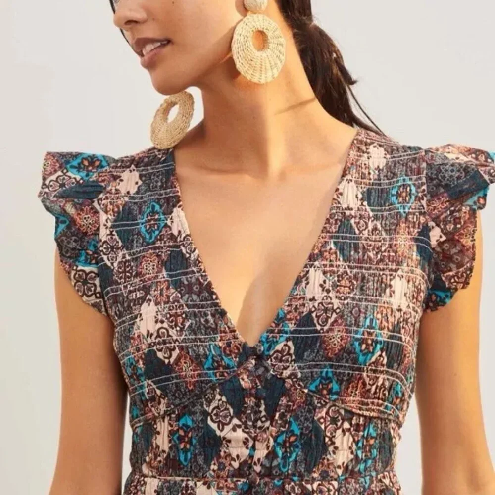 Anthropologie Smocked Ruffle Peregrine Midi Dress Turquoise Patch XL - Picture 14 of 14